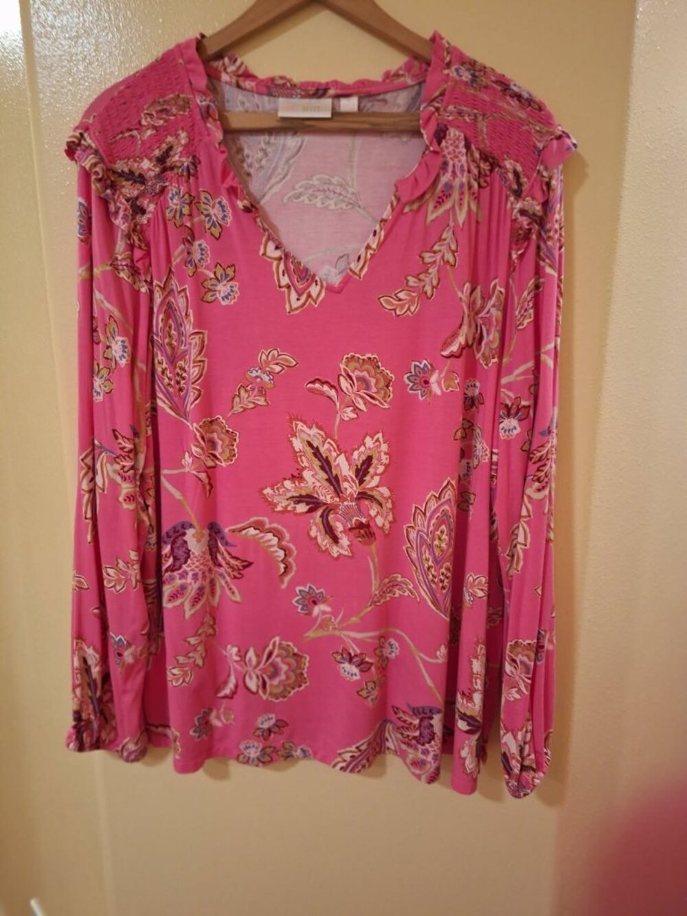 Kim Gravel Belle Floral Elastic Sleeves Rouched Shoulder Knit Blouse 1X